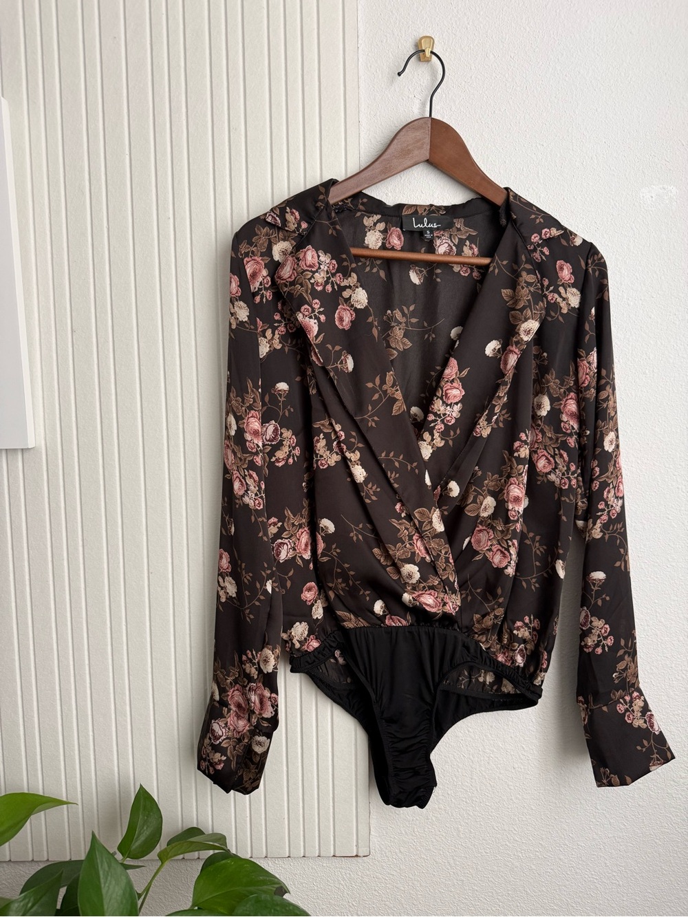 Lulus Lylah Black Floral Print Satin Long Sleeve Bodysuit